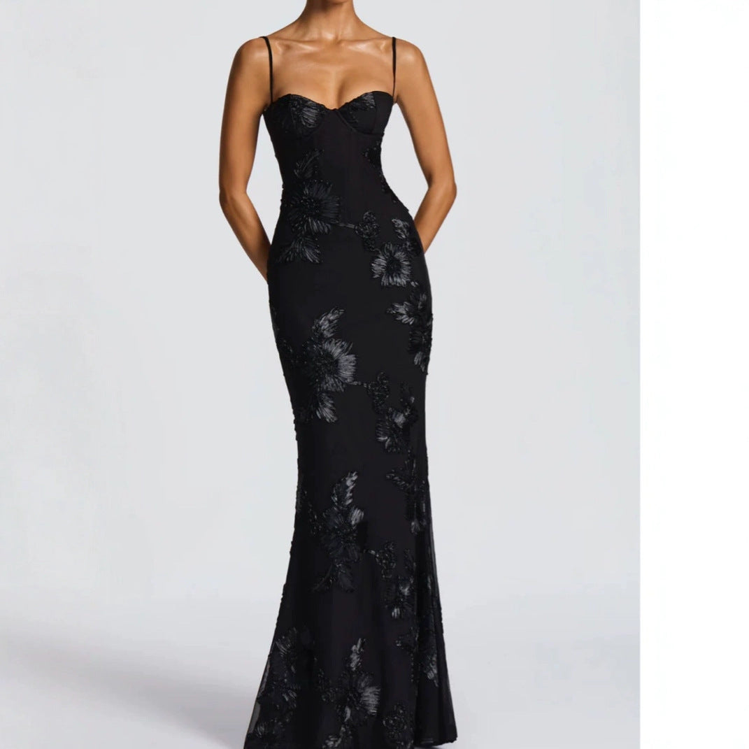 Flower-decorated Evening Dress High-end Banquet Elegant Slimming