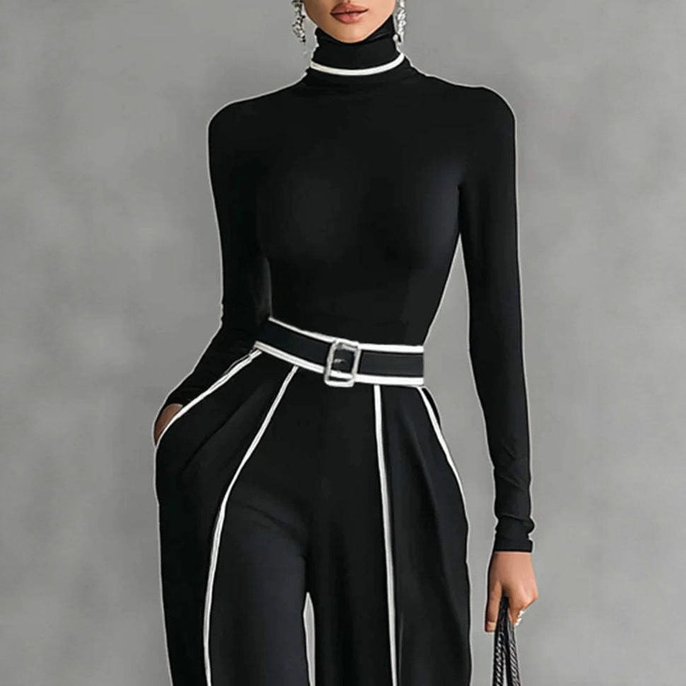 Women's Creative Elegant Stand Collar Contrast Color Binding Long-sleeved Knitted Wide-leg Pants Suit