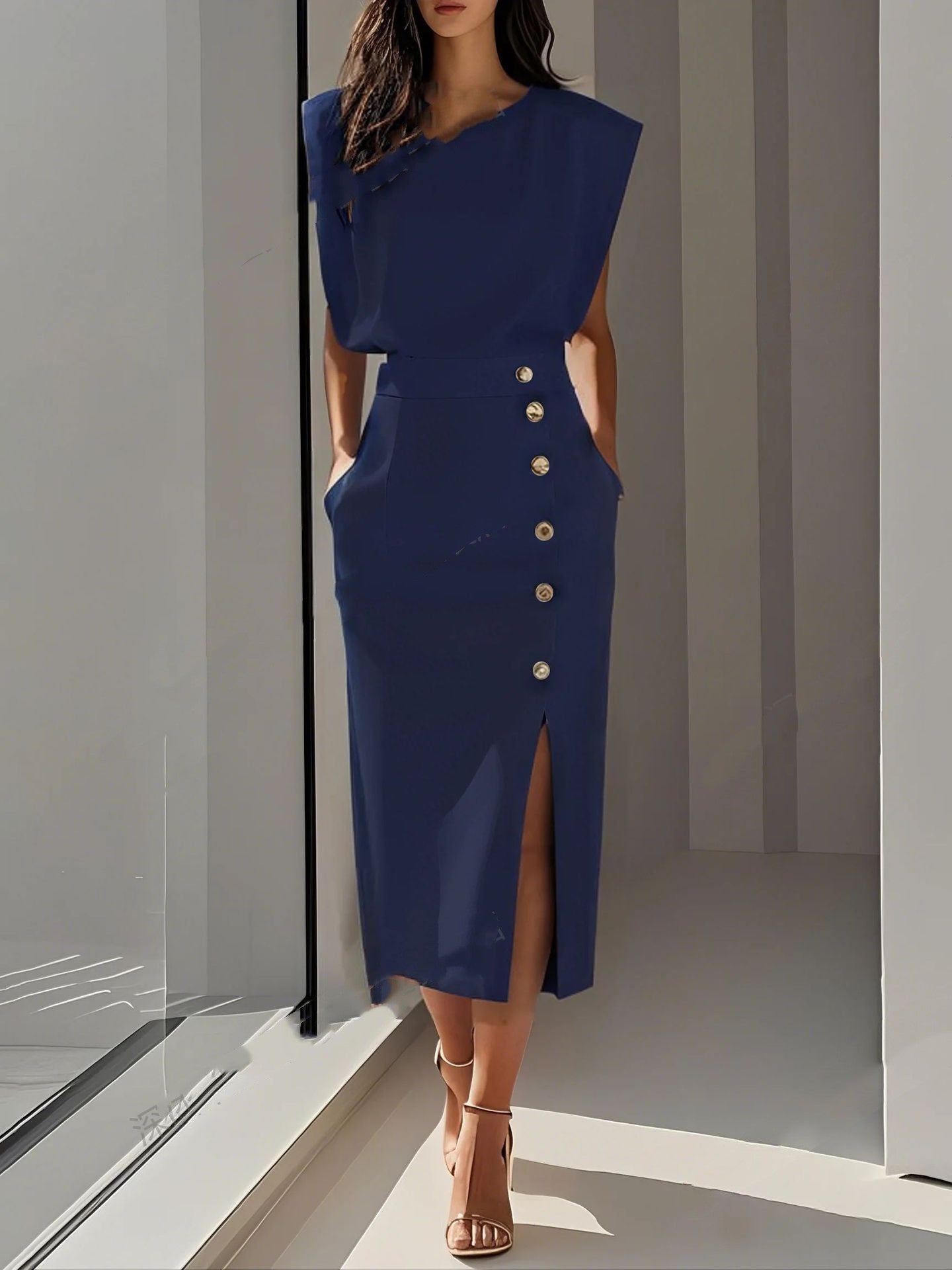 Split Metal Button Summer Dress Women