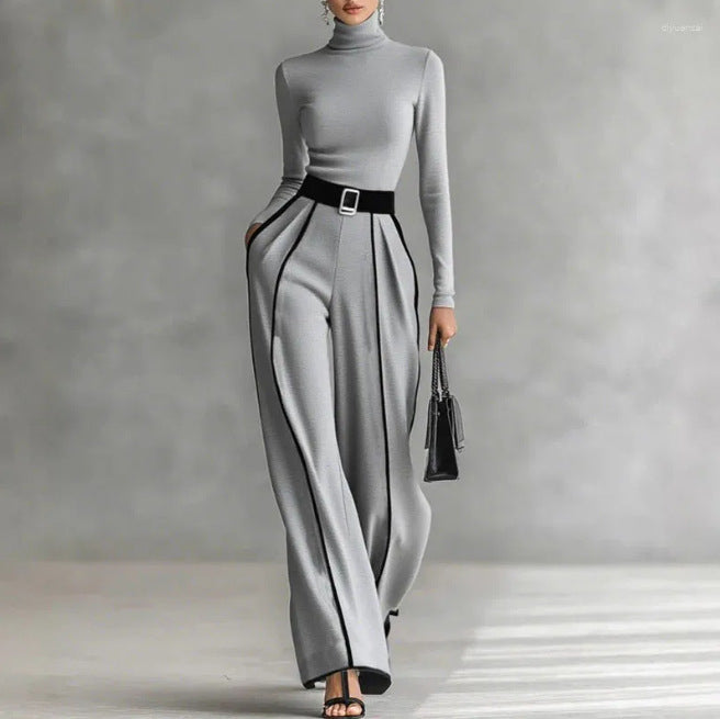 Women's Creative Elegant Stand Collar Contrast Color Binding Long-sleeved Knitted Wide-leg Pants Suit
