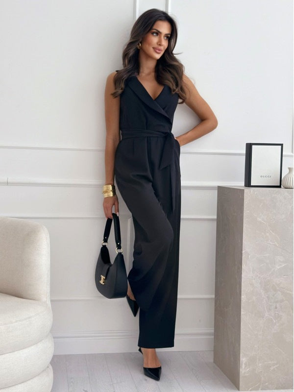 V-neck Sleeveless Jumpsuit With Belt Design Summer Fashion Trousers Women's Clothing