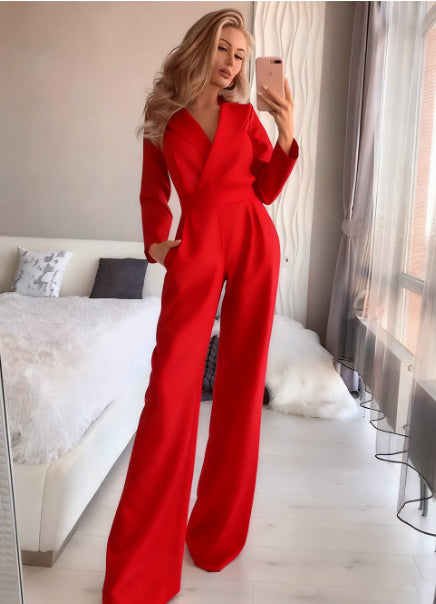 Long-sleeved Slim-fit Jumpsuit Solid Color Trousers