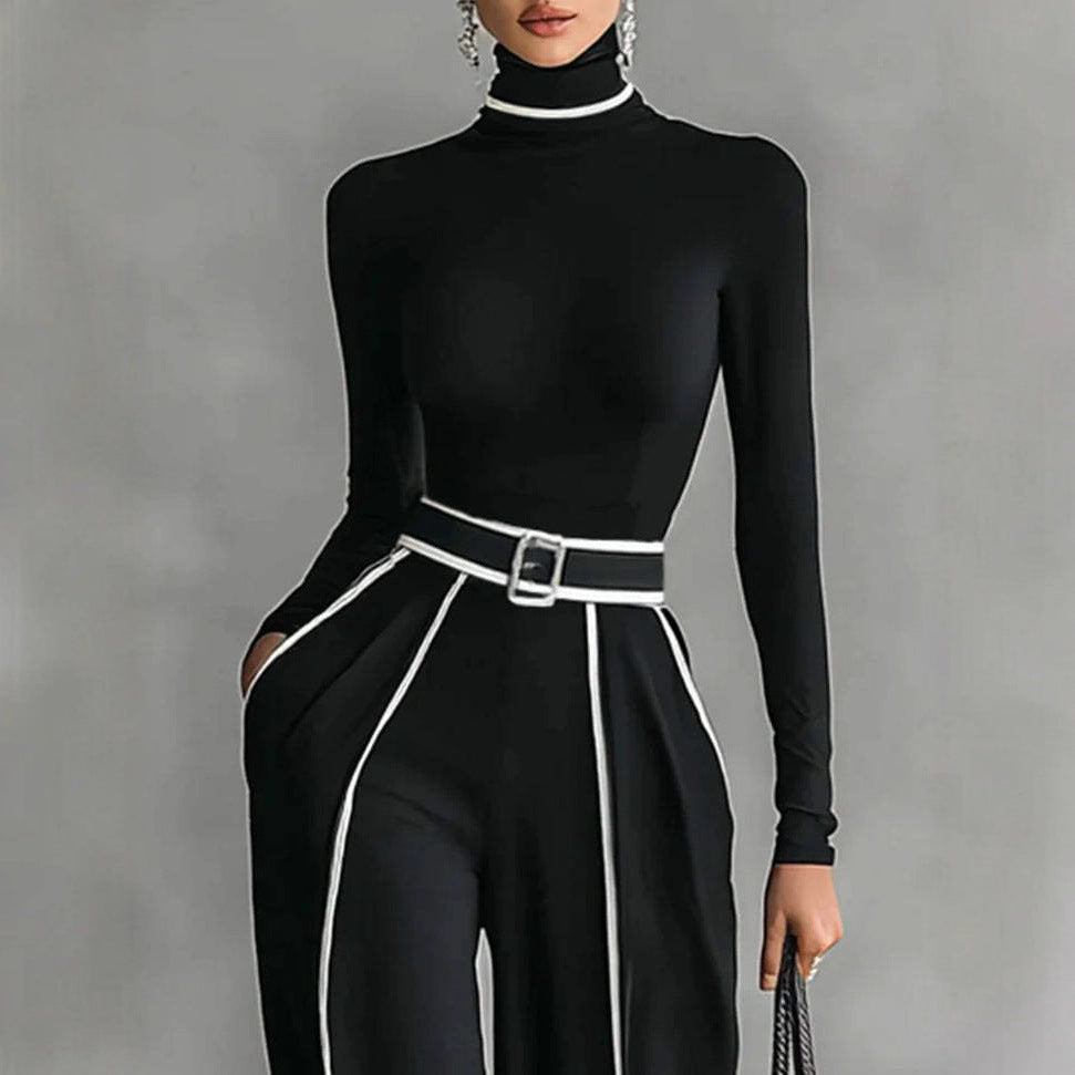 Women's Creative Elegant Stand Collar Contrast Color Binding Long-sleeved Knitted Wide-leg Pants Suit