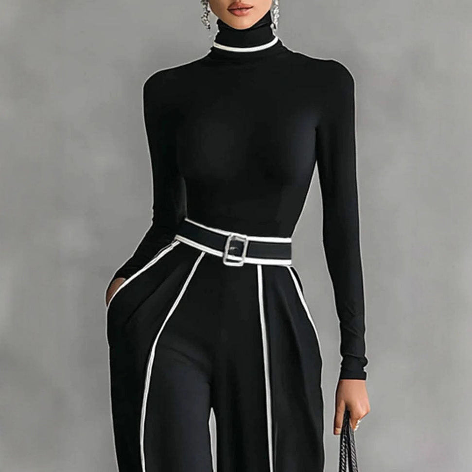 Women's Creative Elegant Stand Collar Contrast Color Binding Long-sleeved Knitted Wide-leg Pants Suit
